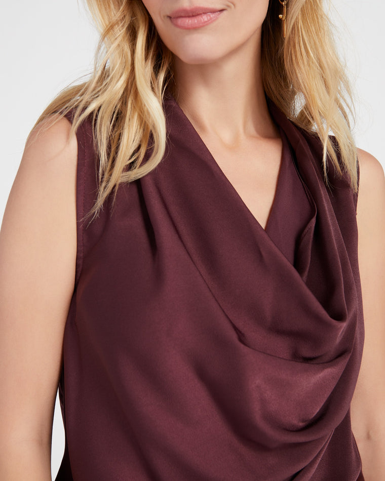 Dark Maroon $|& Black Tape Sleeveless Cowl Neck Solid Woven Top - SOF Detail