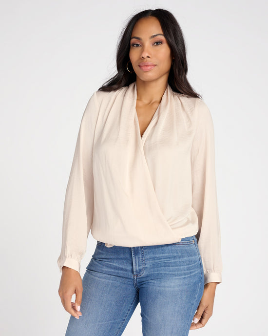 Stone $|& Apricot Textured Satin Long Sleeve Wrap Top - SOF Front