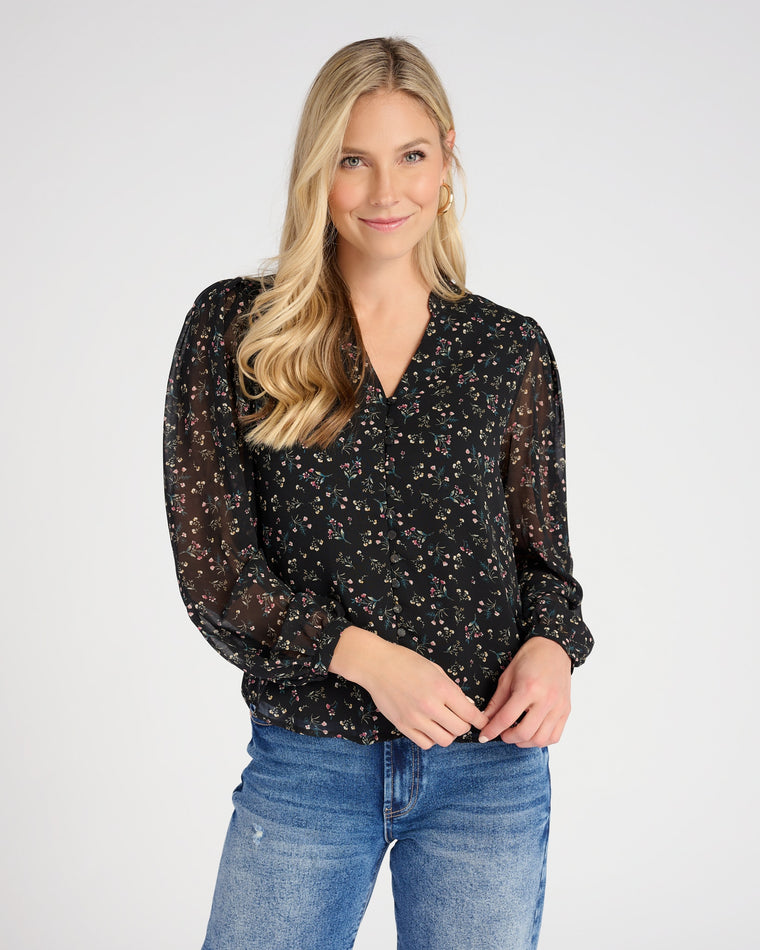 Black $|& Apricot Ditsy Floral Button Chiffon Top - SOF Front