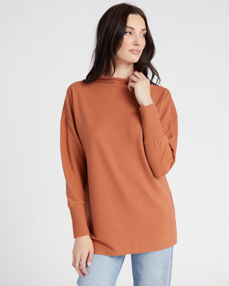 Mocha $|& Tribal Funnel Neck Tunic with Side Slits - SOF Front