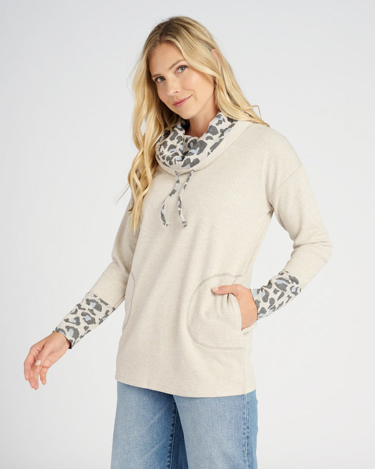 Oatmeal $|& Tribal Cowl Neck Mixed Media Tunic Top - SOF Front