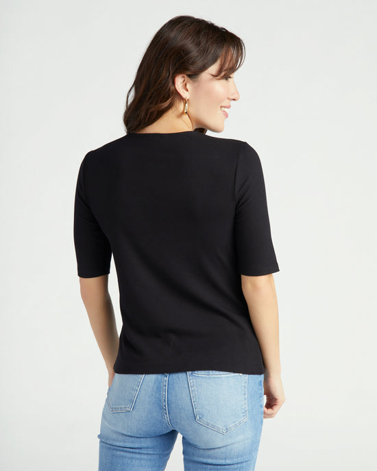 Black $|& Liverpool Double Layer V-Neck 1/2 Sleeve Ribbed Knit Top - SOF Back
