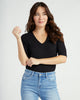 Double Layer V-Neck 1/2 Sleeve Ribbed Knit Top