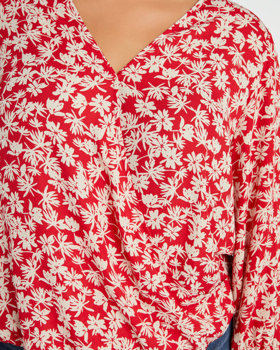 Red/White $|& West Kei Floral Woven Wrap Blouse withElastic Cuff - SOF Detail