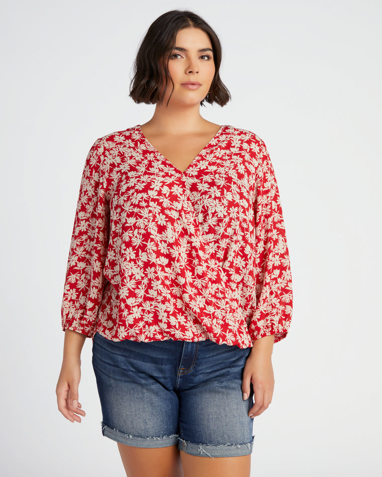 Red/White $|& West Kei Floral Woven Wrap Blouse withElastic Cuff - SOF Front