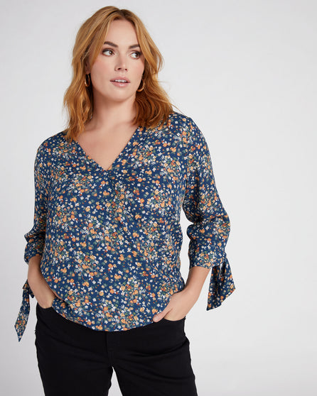 Floral Woven Wrap Blouse with Tie