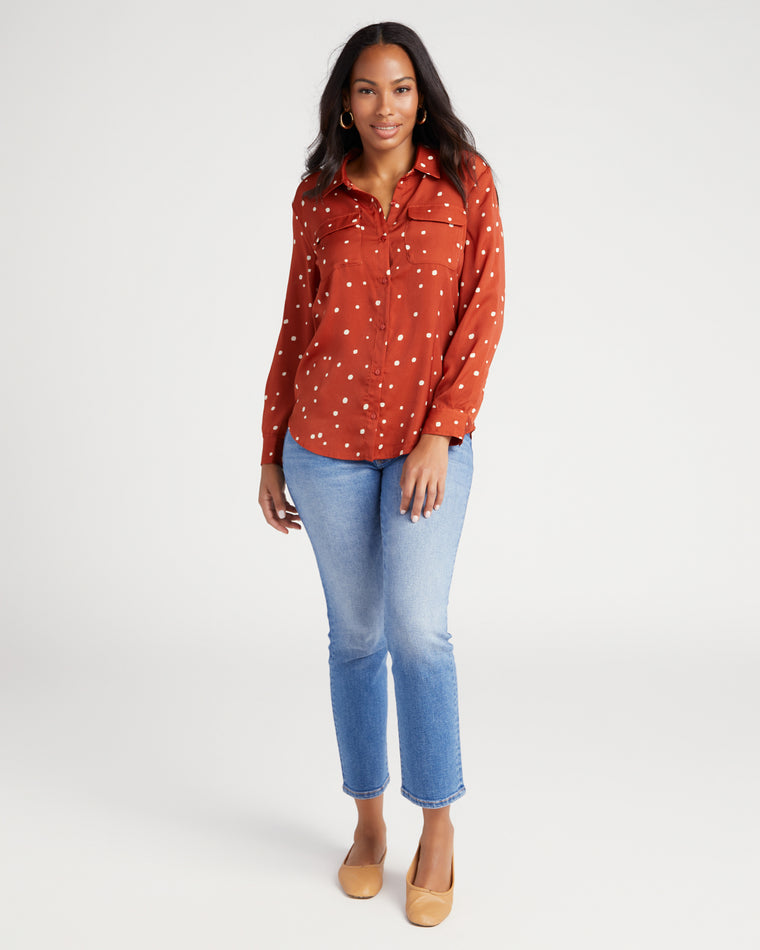 Allover Dot/Maple Red $|& Liverpool Flap Pocket Button Front Woven Blouse - SOF Full Front