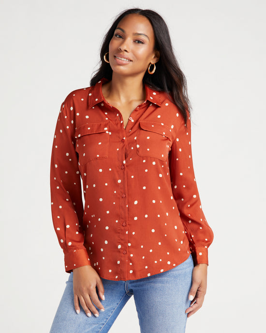 Allover Dot/Maple Red $|& Liverpool Flap Pocket Button Front Woven Blouse - SOF Front
