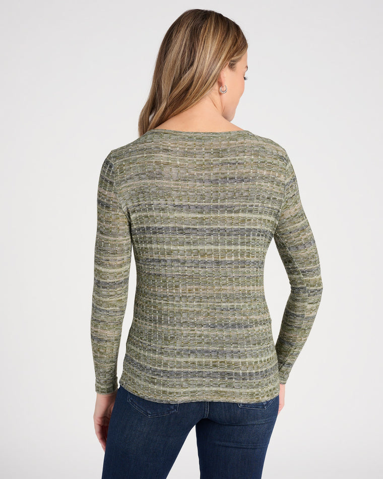 Cool Olive Spacedye $|& Liverpool Long Sleeve Boatneck Top with Foldover Detail - SOF Back