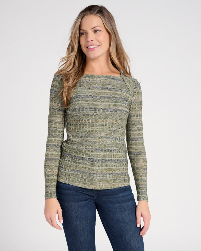 Cool Olive Spacedye $|& Liverpool Long Sleeve Boatneck Top with Foldover Detail - SOF Front