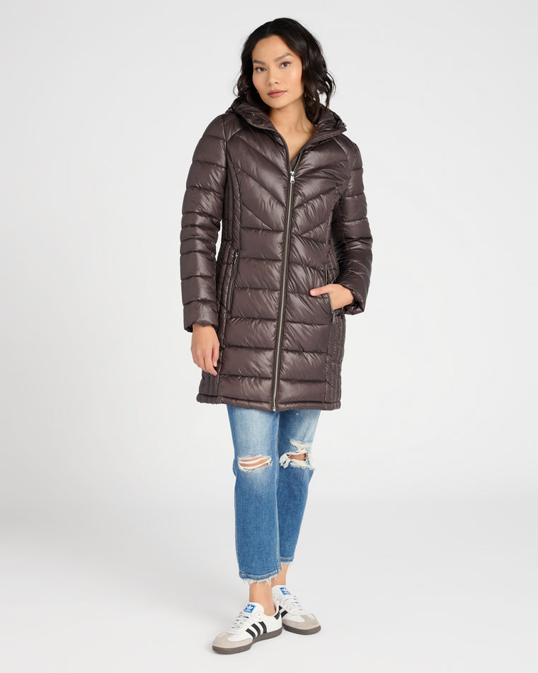 Chocolate $|& Kenneth Cole Hooded Packable Puffer Coat - SOF Front