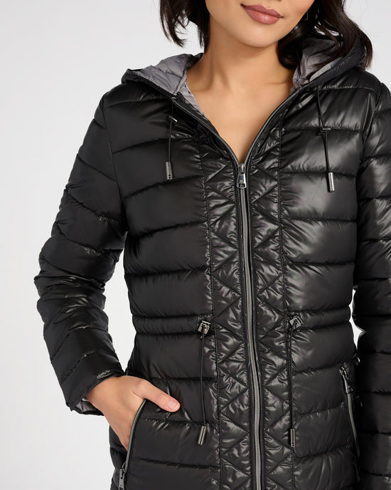 Black $|& Kenneth Cole Hooded Packable Puffer Coat - SOF Detail