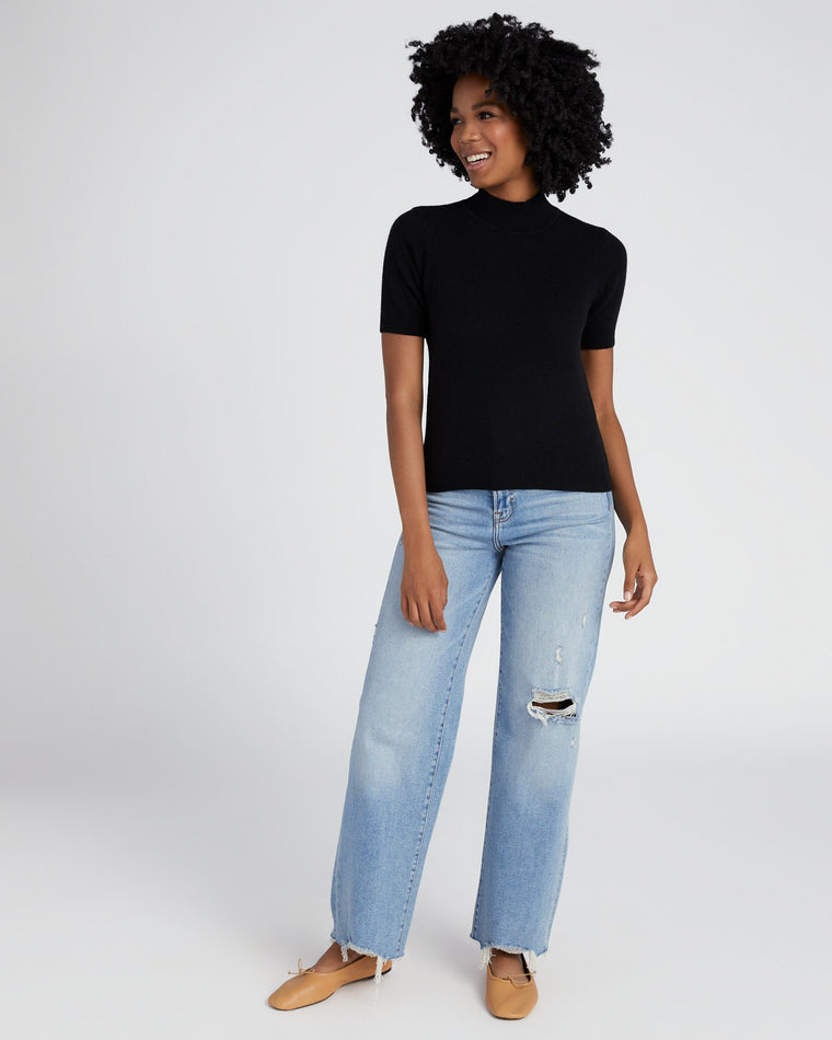 Black $|& Minnie Rose Cashmere Short Sleeve Mock Neck Pullover - SOF Full Front