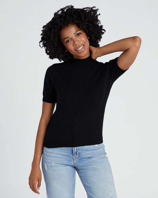 Black $|& Minnie Rose Cashmere Short Sleeve Mock Neck Pullover - SOF Front