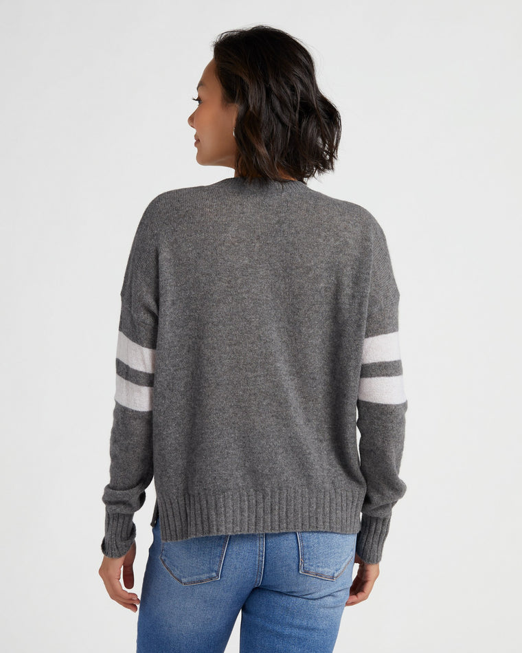 Flannel/White Grey $|& Minnie Rose Cashmere Varsity Crew Pullover - SOF Back