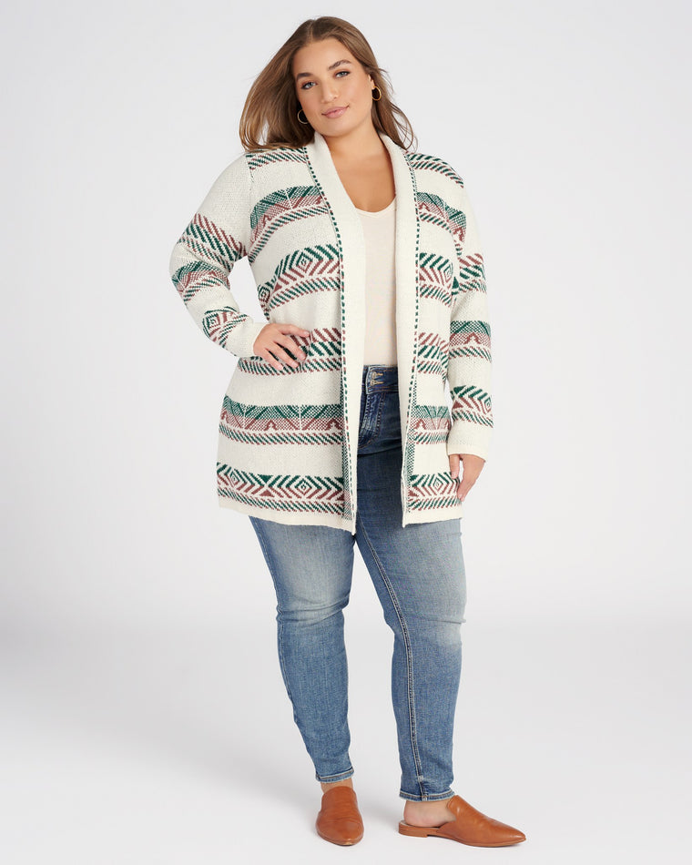 Ivory/Forest $|& Staccato Geo Stripe Heavy Sweater Cardigan - SOF Full Front