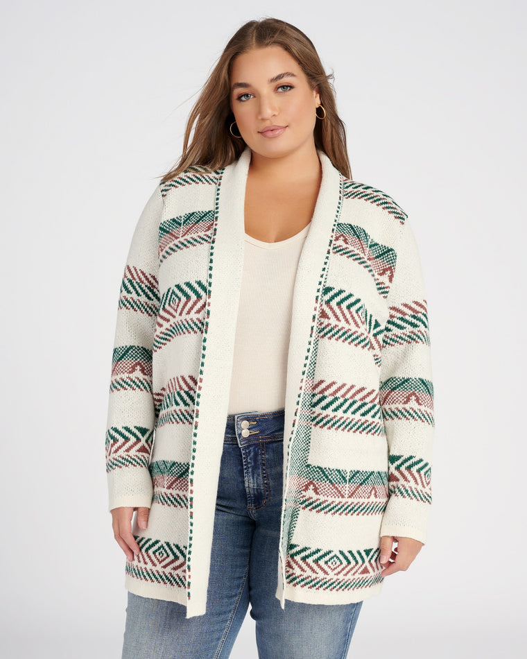 Ivory/Forest $|& Staccato Geo Stripe Heavy Sweater Cardigan - SOF Front