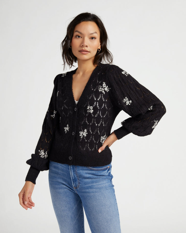 Black $|& Driftwood Embroidered Pointelle Cardigan - SOF Front