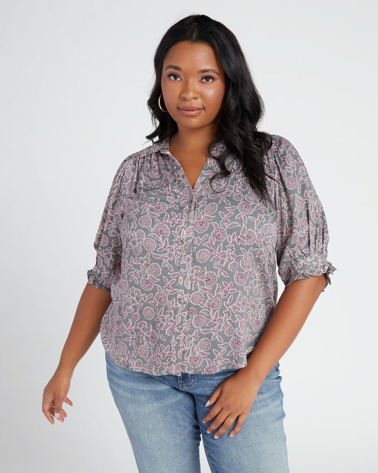 Desert Cactus/Wine Berry $|& Democracy Printed Woven Button Down Top - SOF Front