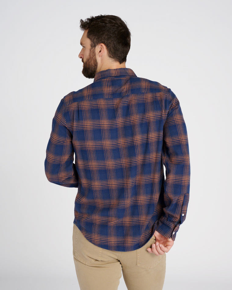 Midnight Blue Hazleton Check $|& Outerknown Transitional Flannel Utility Shirt - SOF Back