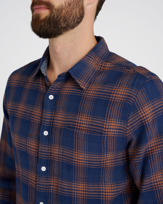 Midnight Blue Hazleton Check $|& Outerknown Transitional Flannel Utility Shirt - SOF Detail