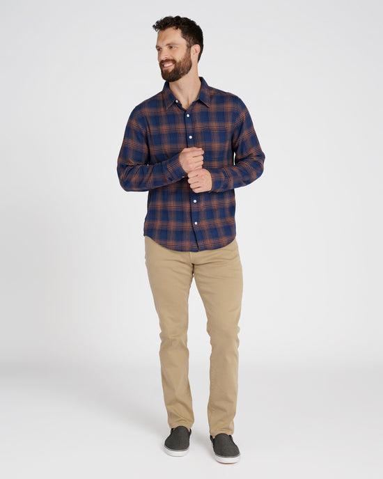 Midnight Blue Hazleton Check $|& Outerknown Transitional Flannel Utility Shirt - SOF Full Front