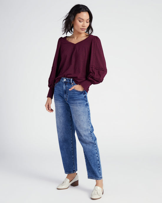 Heather Wineberry $|& Democracy Long Sleeve Smocked Cuff Sweatheart Neck Knit Top - SOF Full Front