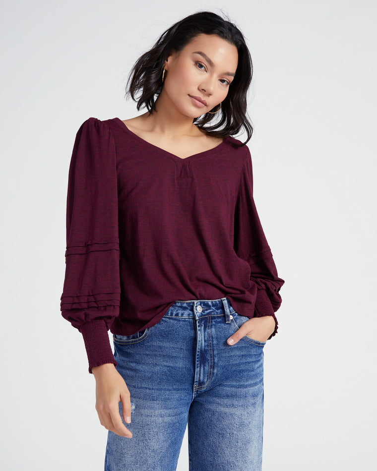Heather Wineberry $|& Democracy Long Sleeve Smocked Cuff Sweatheart Neck Knit Top - SOF Front
