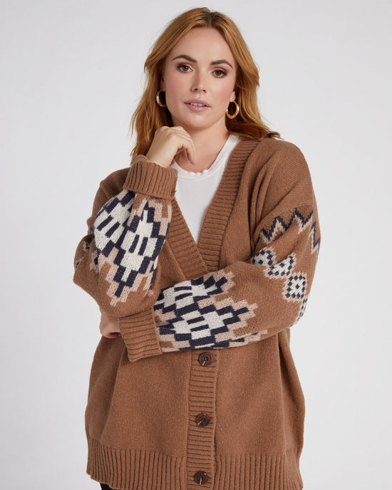 Taupe $|& Vigoss Aztec Button Front Cardigan - SOF Front