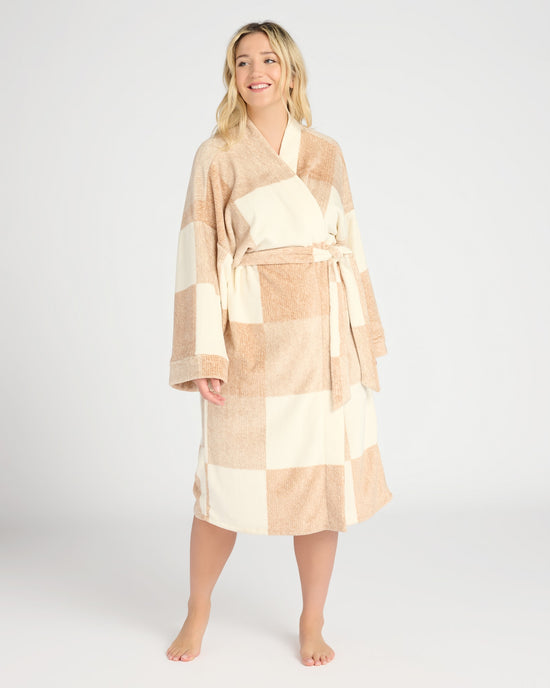Heather Taupe $|& Bobeau Sleepwear Big Check Sleeve Plush Robe - SOF Front