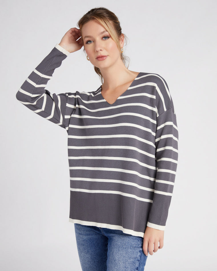 Grey $|& Vigoss Light Weight Stripe V-Neck Pullover - SOF Front