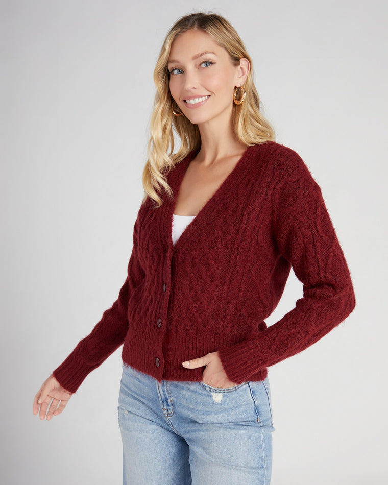 Burgundy $|& Vigoss Cable Knit Cardigan - SOF Front
