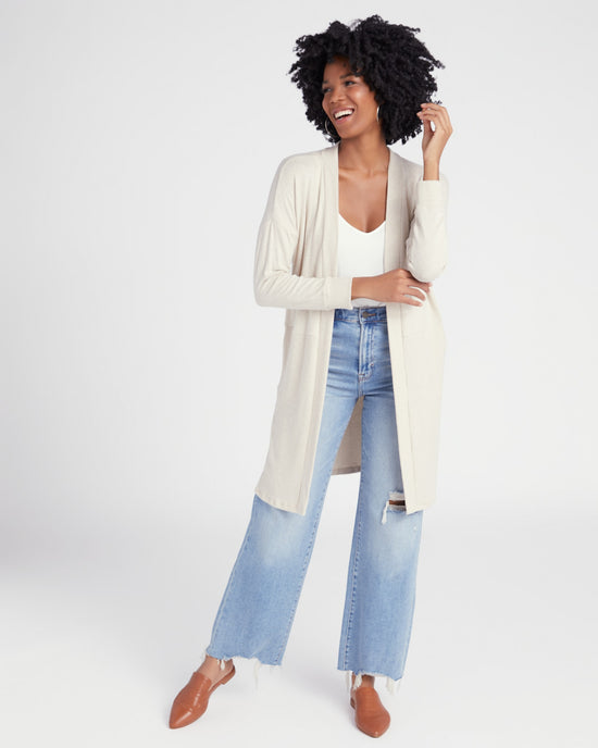 Oatmeal $|& W. by Wantable Brushed Hacci Ribbed Contrast Blocked Cardigan - SOF Full Front