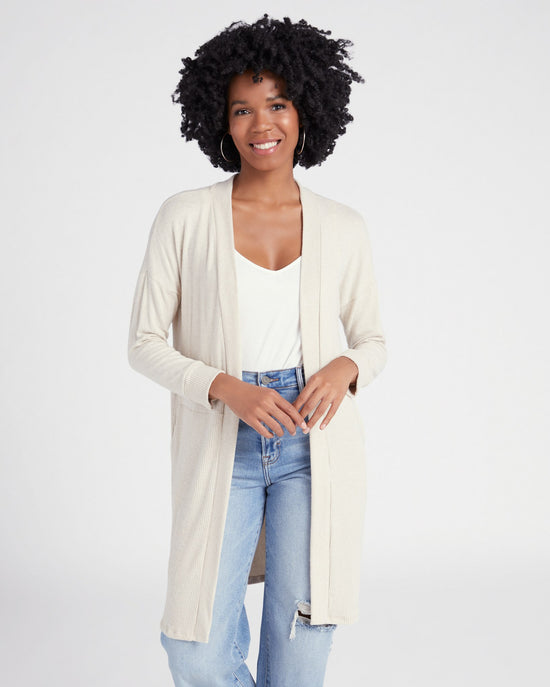 Oatmeal $|& W. by Wantable Brushed Hacci Ribbed Contrast Blocked Cardigan - SOF Front