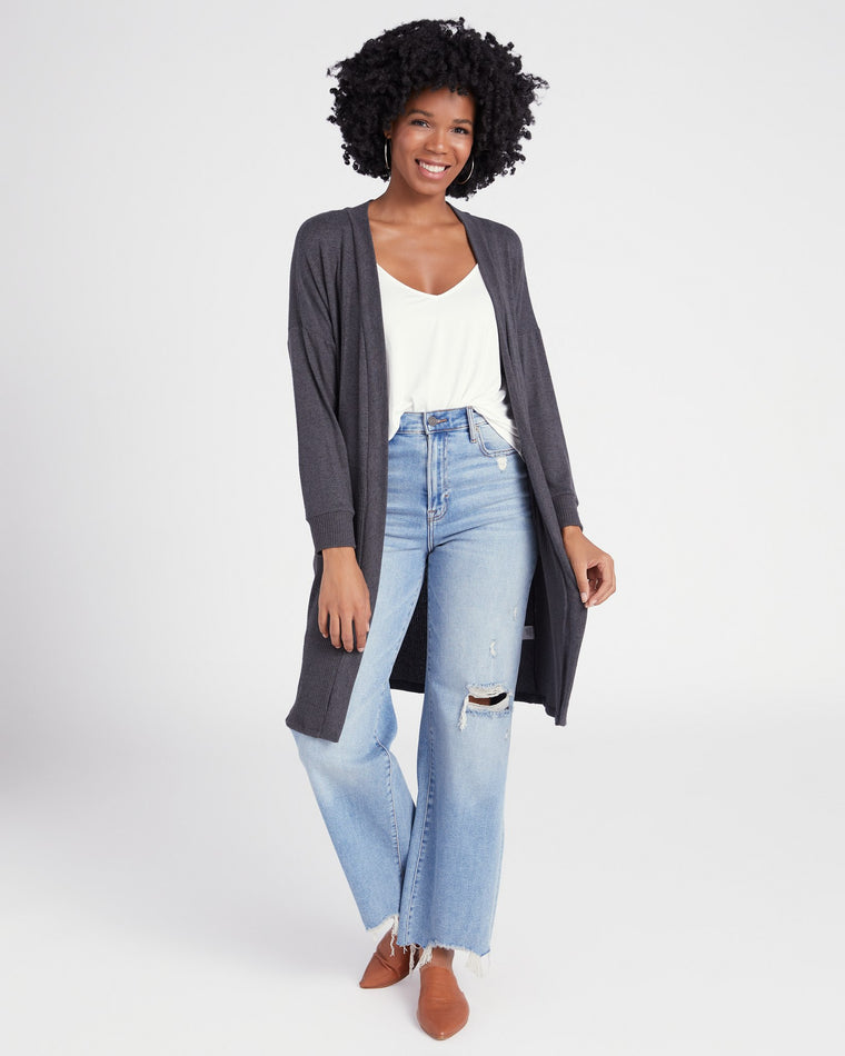Dark Charcoal $|& W. by Wantable Brushed Hacci Ribbed Contrast Blocked Cardigan - SOF Full Front