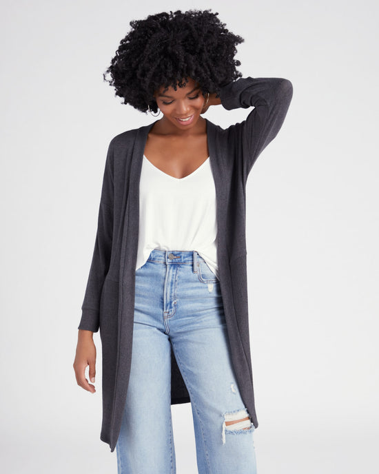Dark Charcoal $|& W. by Wantable Brushed Hacci Ribbed Contrast Blocked Cardigan - SOF Front