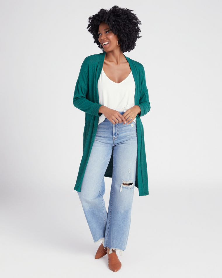 Evergreen $|& W. by Wantable Brushed Hacci Ribbed Contrast Blocked Cardigan - SOF Full Front