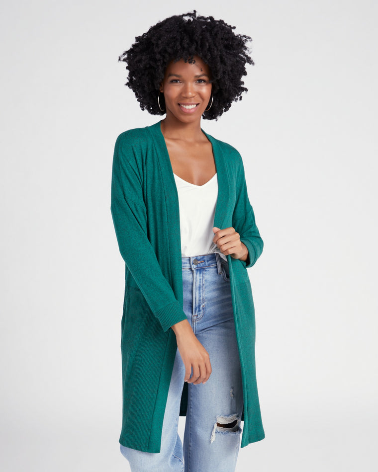 Evergreen $|& W. by Wantable Brushed Hacci Ribbed Contrast Blocked Cardigan - SOF Front