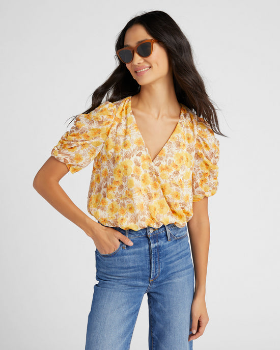 Yellow Brown $|& Lush Short Sleeve Wrap Front Floral Bodysuit - SOF Front