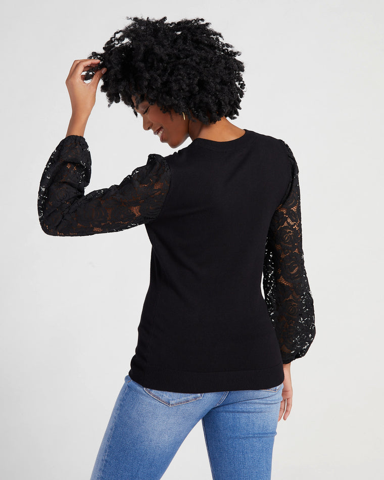 Black $|& Crystal Kobe Mixed Media Lace Sleeve Sweater - SOF Back