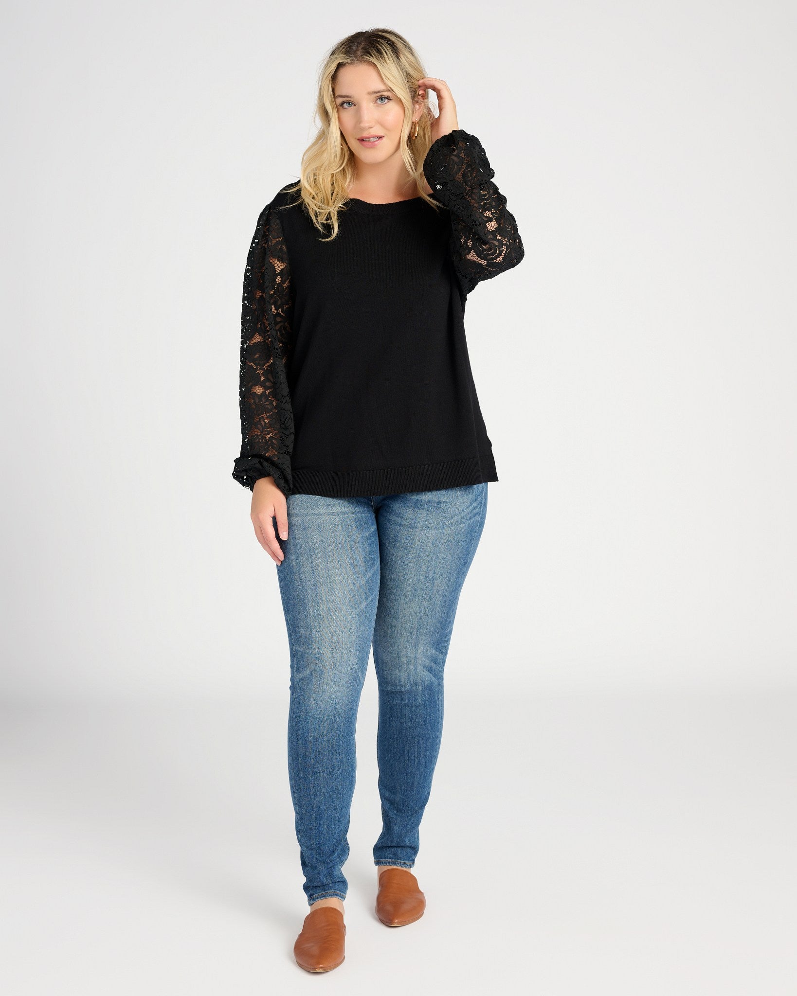 Plus Size Mixed Media Lace Sleeve Sweater