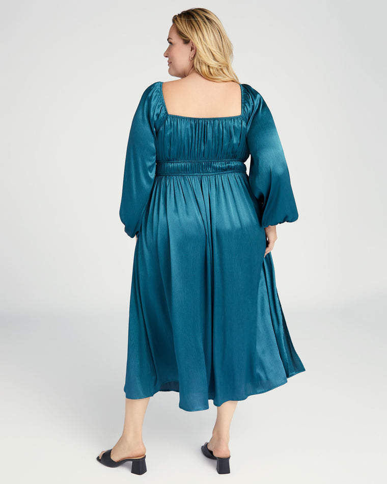 Teal $|& Lush Satin Long Sleeve Midi Dress with Front Double Ties - SOF Back