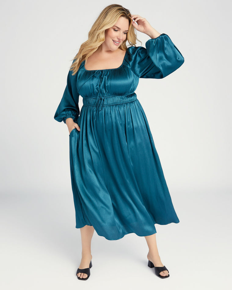Teal $|& Lush Satin Long Sleeve Midi Dress with Front Double Ties - SOF Front
