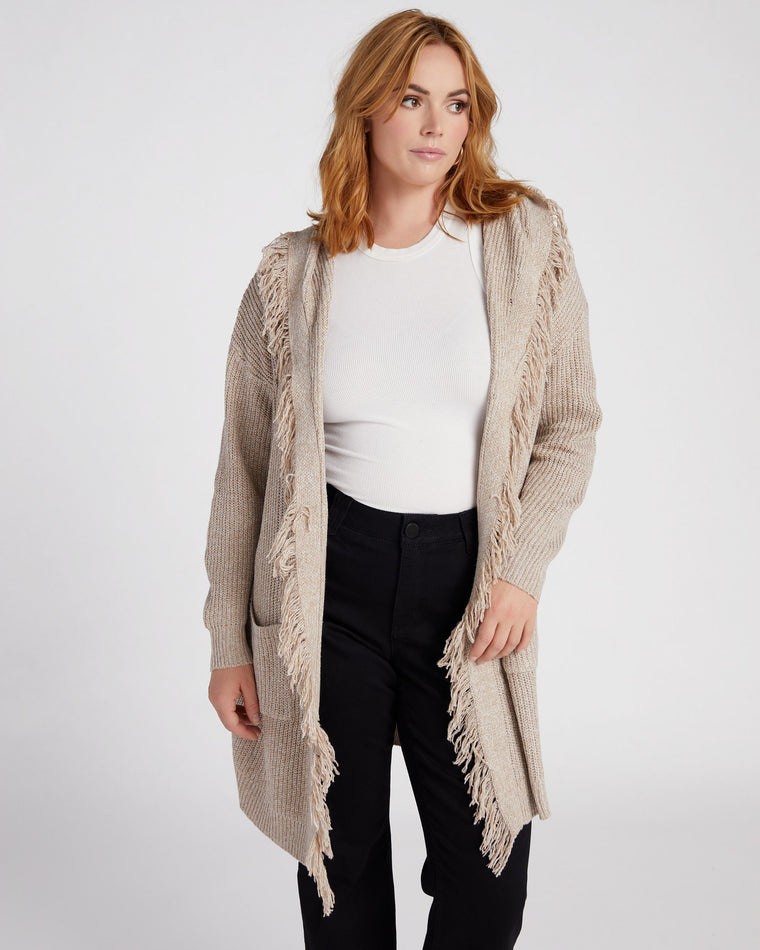Sand $|& Cozy CO Hooded Fringe Open Cardigan - SOF Front