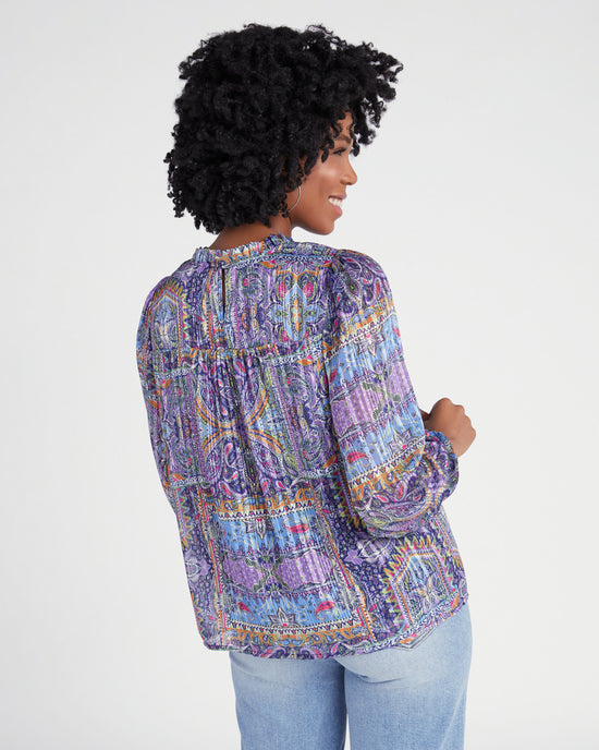 Lavender Navy $|& Skies Are Blue Long Sleeve Smocked Top Printed Woven Top - SOF Back