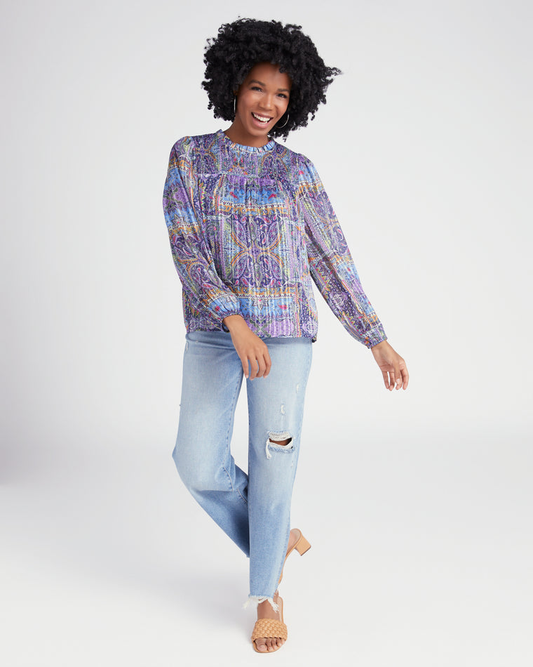Lavender Navy $|& Skies Are Blue Long Sleeve Smocked Top Printed Woven Top - SOF Full Front