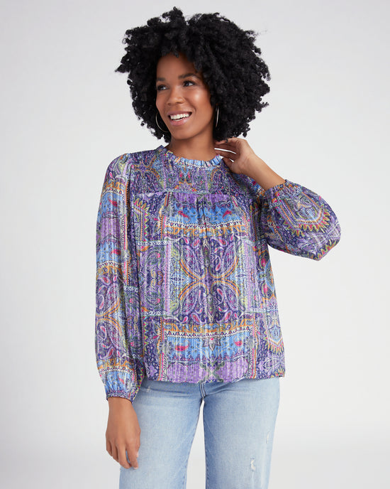 Lavender Navy $|& Skies Are Blue Long Sleeve Smocked Top Printed Woven Top - SOF Front