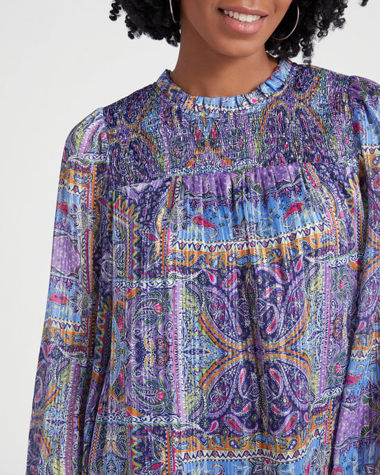 Lavender Navy $|& Skies Are Blue Long Sleeve Smocked Top Printed Woven Top - SOF Detail