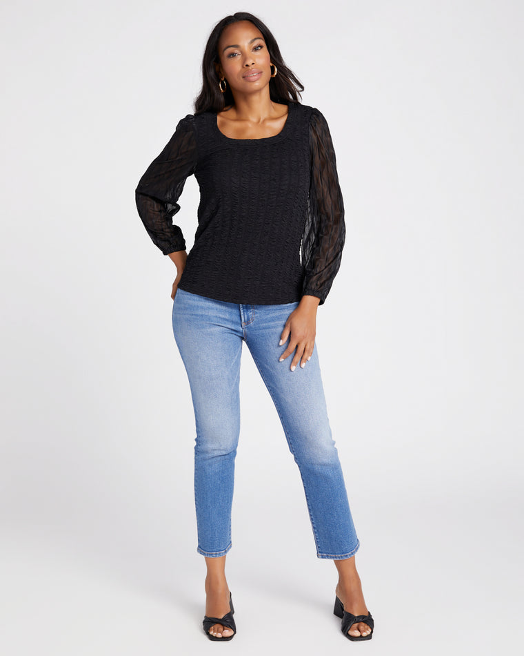 Black $|& VOY Los Angeles Textured Mixed Long Sleeve Top - SOF Full Front