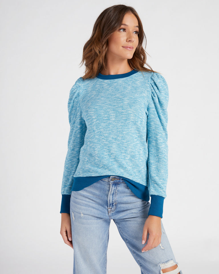 Long Puff Sleeve Colorblock Knit Sweatshirt